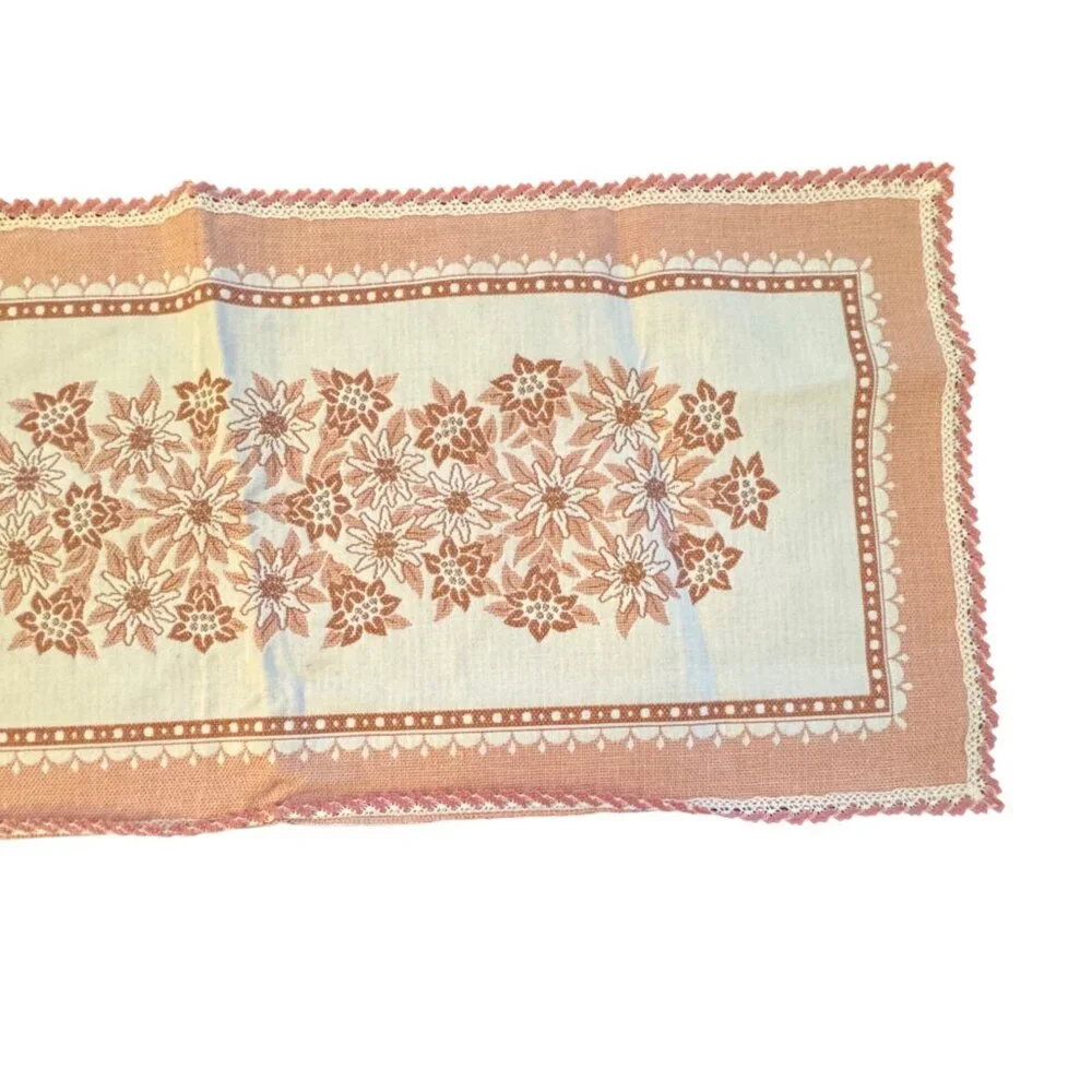 VTG Floral Lace Table Runner Pink & White Floral Designs Scalloped Edges Lace Tr